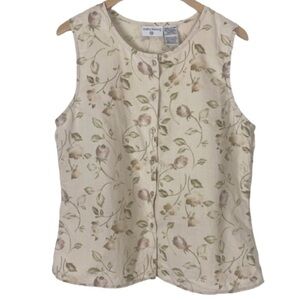 VTG Ramie Cotton Sleeveless Vine Print Button Up Top Large Kathy Ireland 90’s